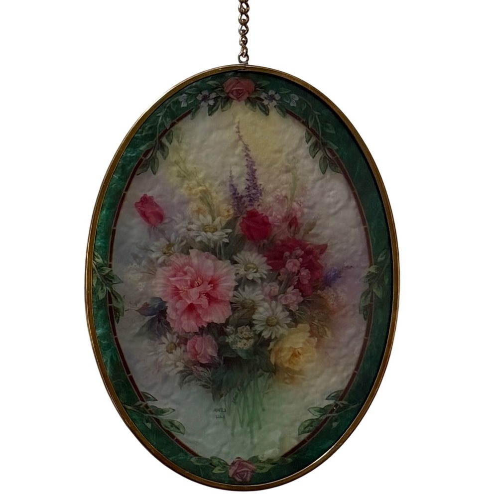 Vintage Lena Liu Floral Suncatcher Oval Glass Brass Frame Hanging Art 7"